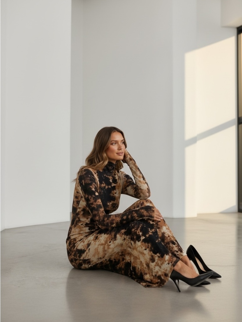 Brown/Black Mesh Midi long sleeve dress - Picture 2 of 7